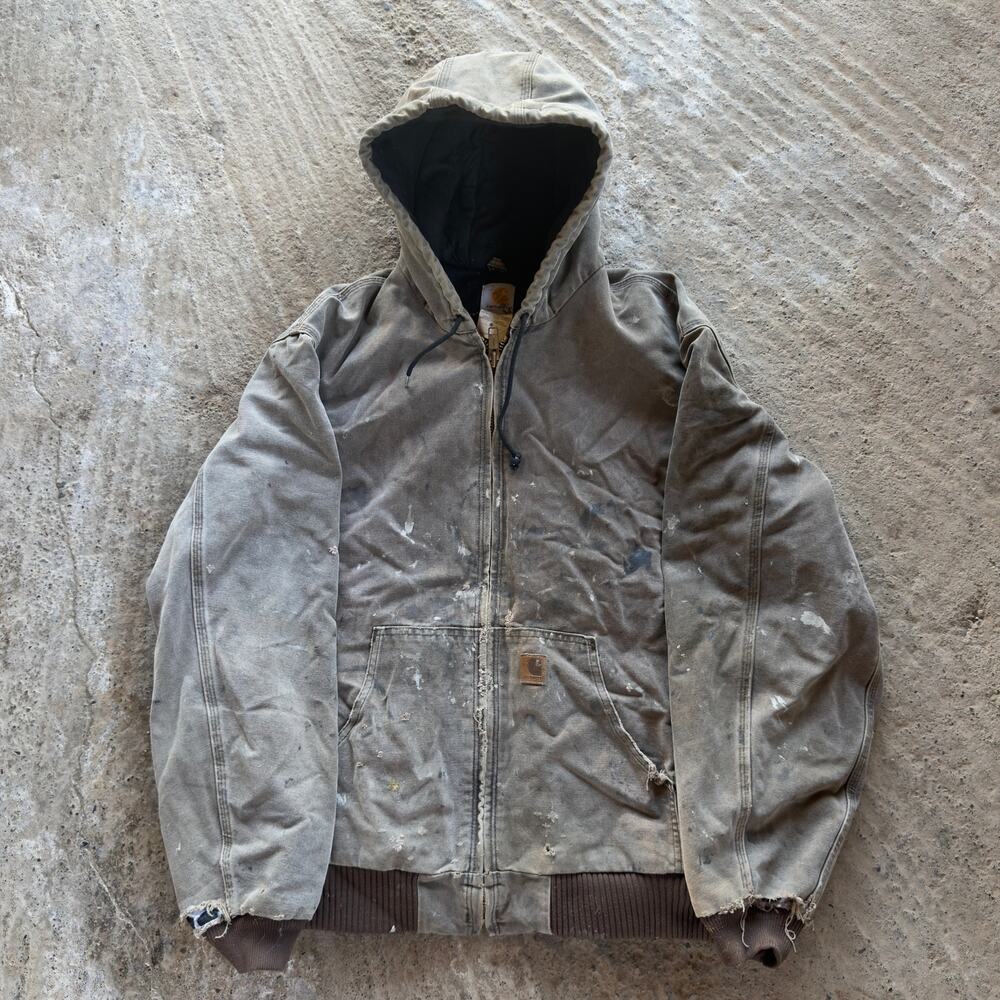 Vtg Carhartt Bomber Jacket Mens XLT Brown Duck Canvas Hooded J130 CHT Distressed